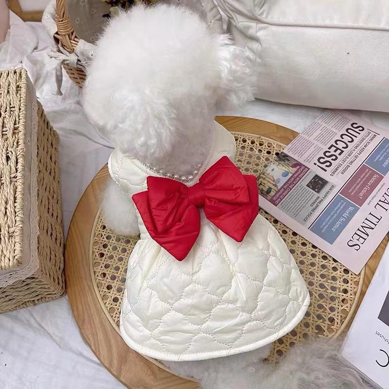 宠物衣服秋新款加绒蝴蝶结裙子泰迪比熊狗狗猫咪外套