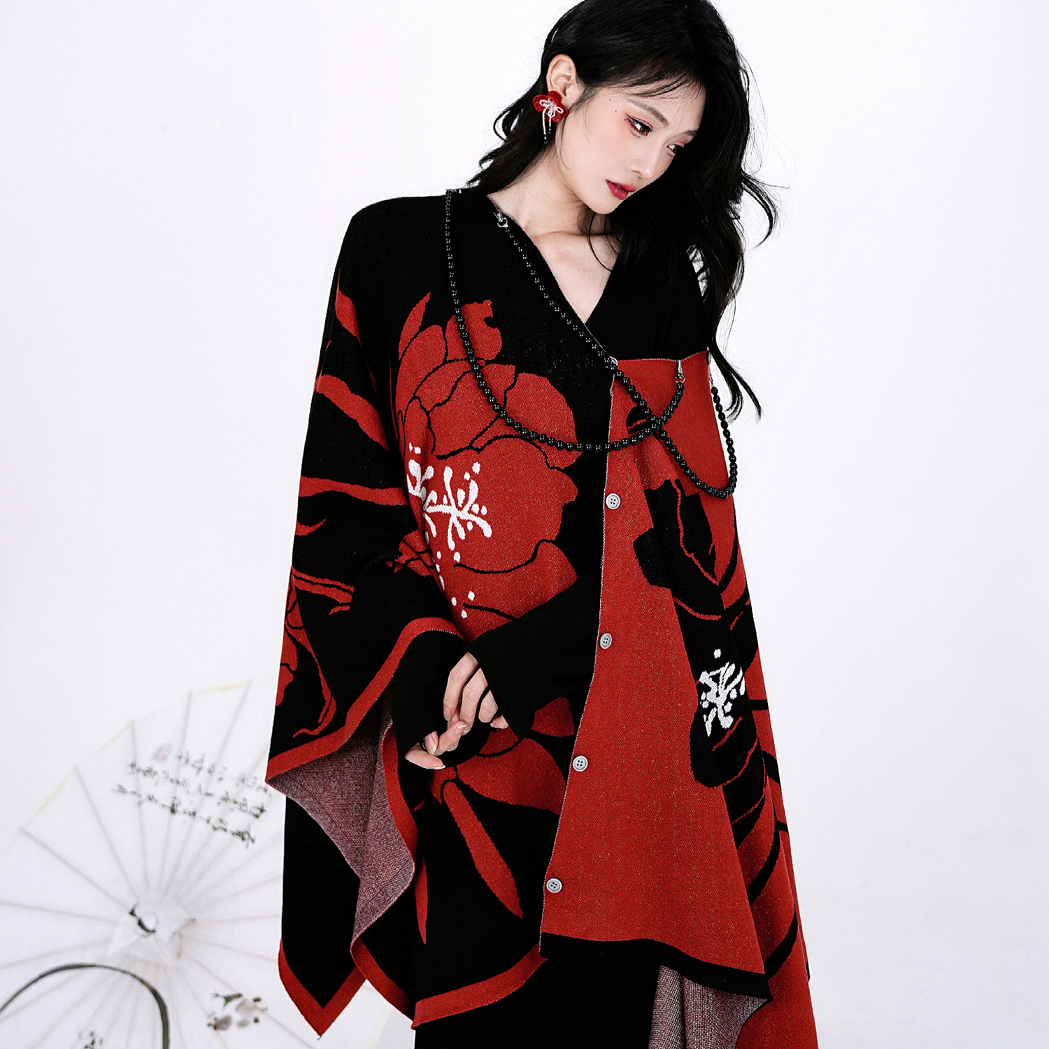 人间蜉蝣 点绛设计师联名款红月昙花两片式可拆卸羊毛披肩女外搭