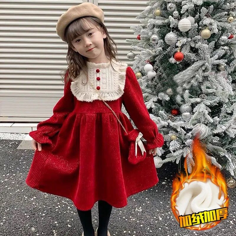 女童加绒连衣裙冬季2023新款女宝宝公主裙秋冬儿童拜年服童装裙子