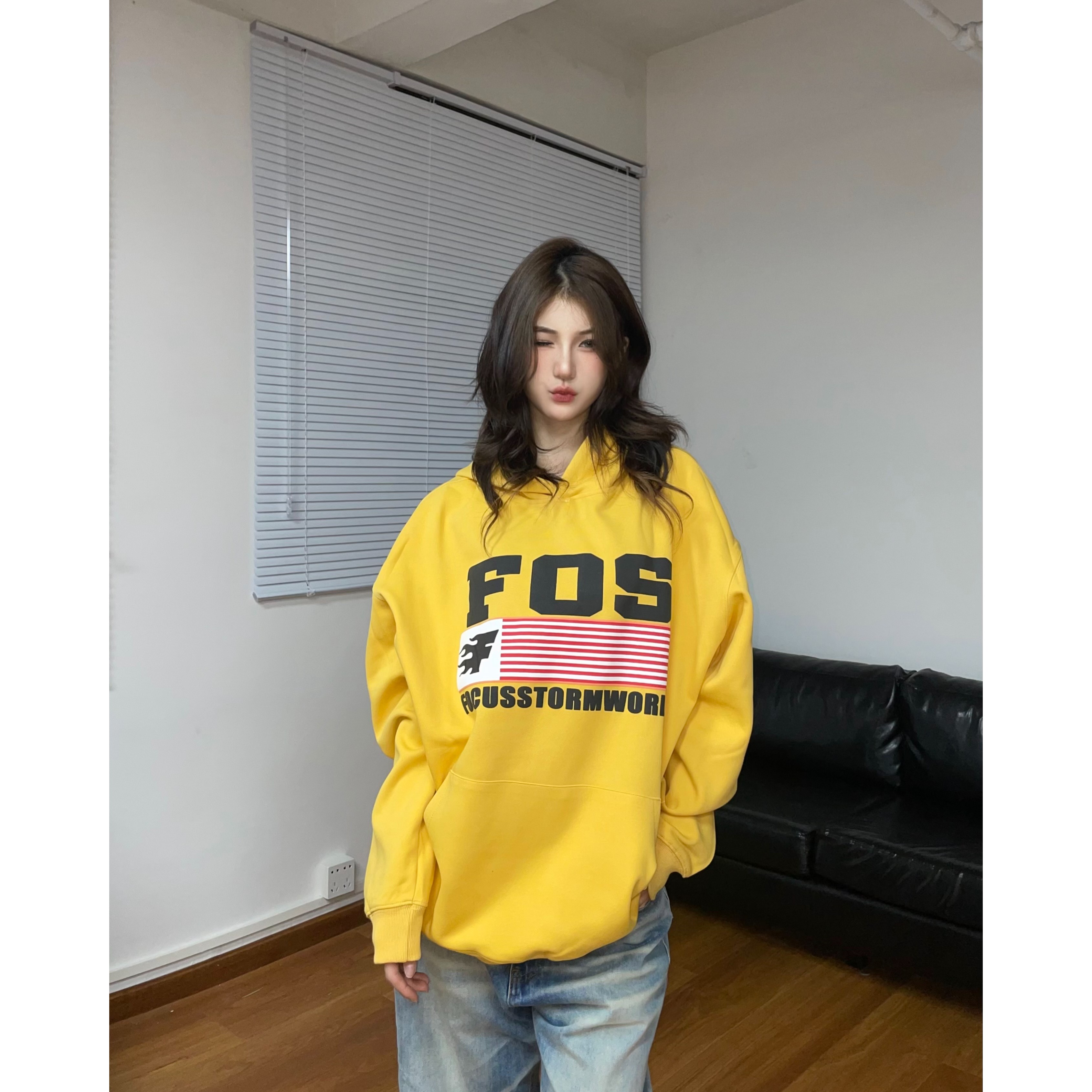 FYKSHOP初秋美式复古简约款印花连帽卫衣男女秋季重磅情侣上衣ins