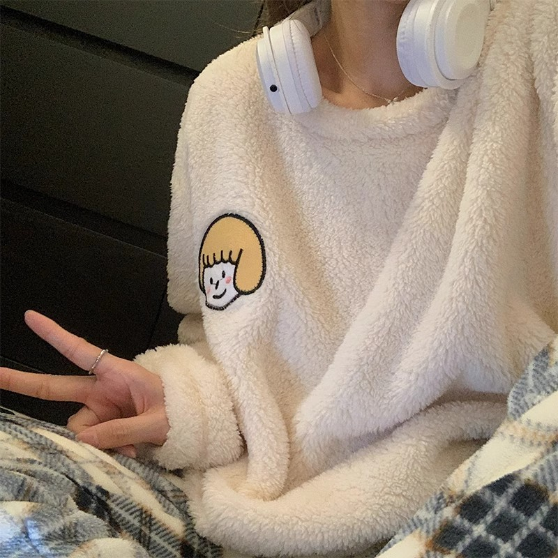 清仓冬季法兰绒休闲甜美套头运动家居服套装女可外穿百搭保暖