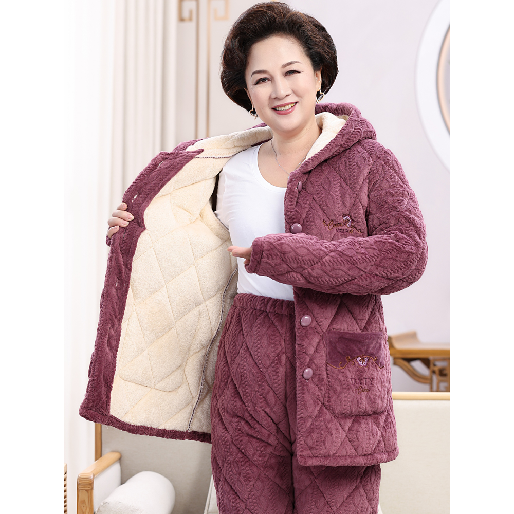 加厚加绒睡衣女冬季珊瑚绒夹棉中老年法兰绒妈妈家居服套装秋冬款