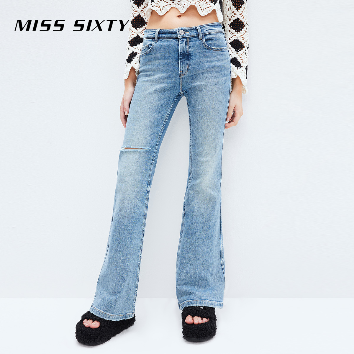 MissSixty开叉牛仔裤时尚女复古破洞微喇叭裤千禧风高档裤子