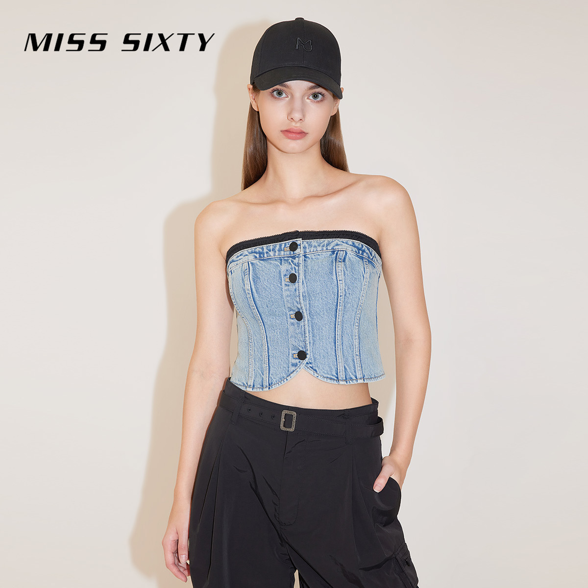Miss Sixty秋季新款牛仔抹胸女可拆吊带拼接尤莱特性感辣妹风