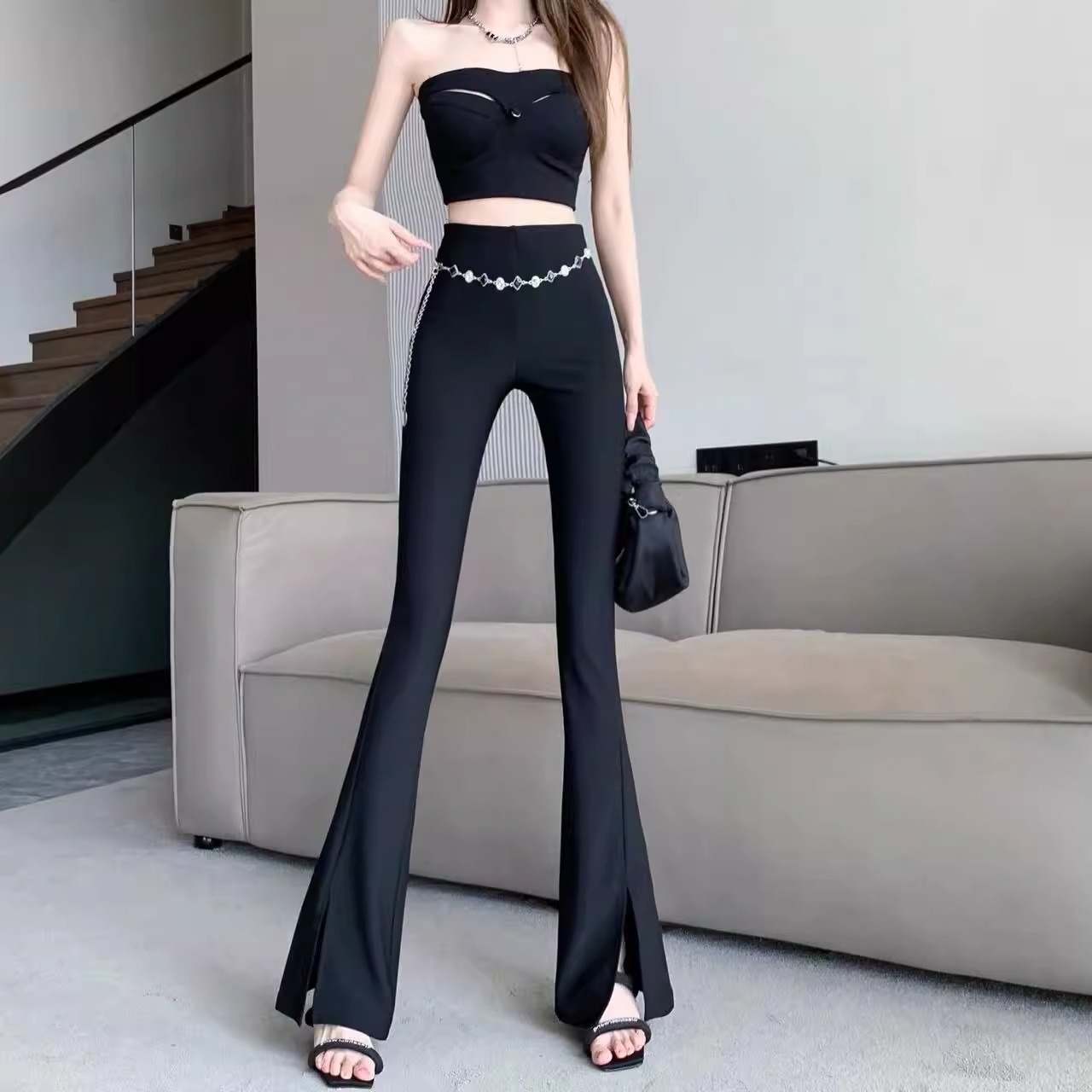 黑色开叉微喇西装裤女夏季薄款设计感链条高腰裤垂感拖地喇叭裤