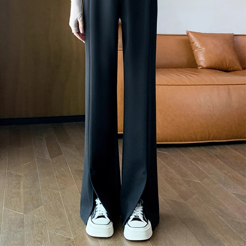 大码春夏直筒窄版阔腿西装裤女胖mm高腰显瘦黑色开叉拖地微喇叭裤