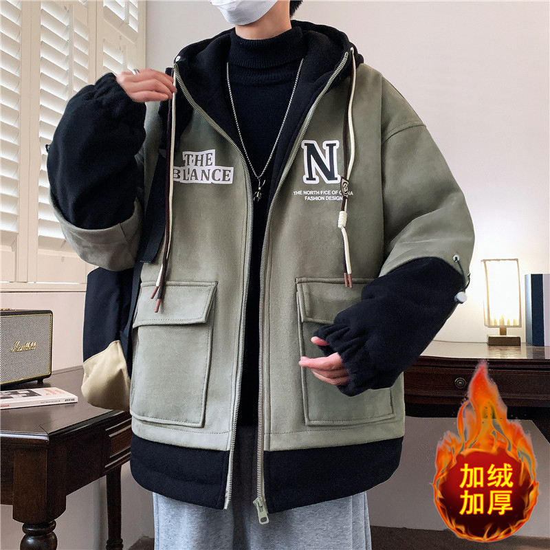 假两件加绒加厚夹克衣休闲男外套男士宽松学生ins帅气韩版羊羔绒