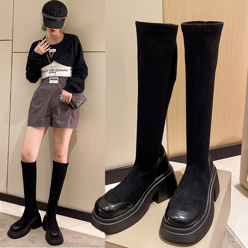 绒面长靴女士2023秋冬新款高筒靴骑士靴时尚舒适百搭弹力瘦瘦靴子