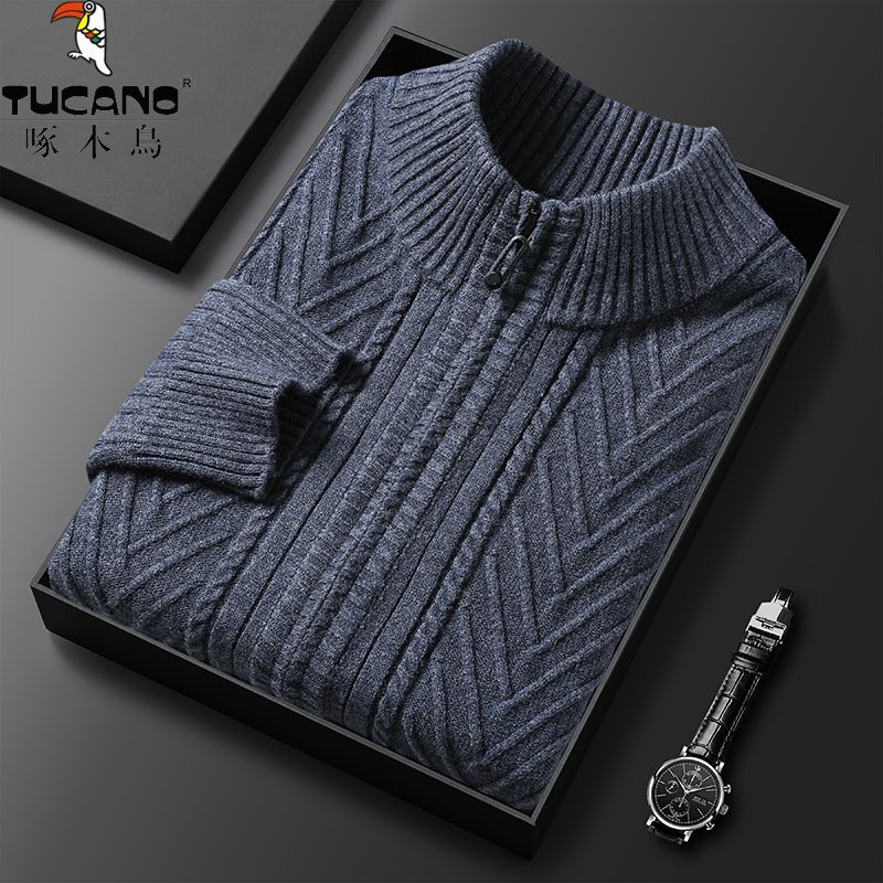 啄木鸟秋冬季针织开衫外套男士半高领拉链毛衣中年绞花针织打底衫