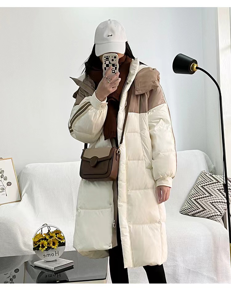 冬季新款拼色中长款过膝连帽加厚保暖美拉德色系外套