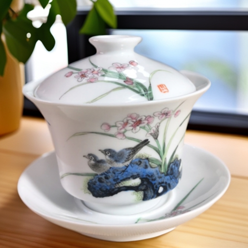 景德镇器居瓷业手工手绘釉上彩三才盖碗