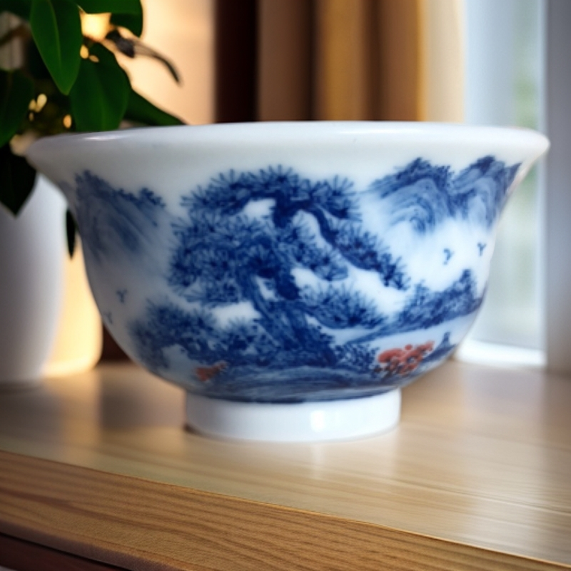 景德镇器居瓷业手工手绘釉下青花山水小压手杯