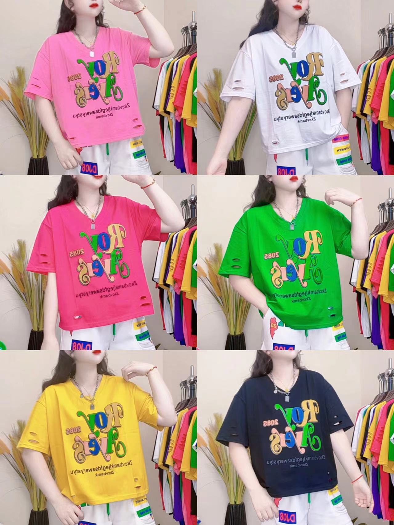 8152【大椒家】夏季新百搭休闲时尚宽松V领前后字母印花潮流女T恤