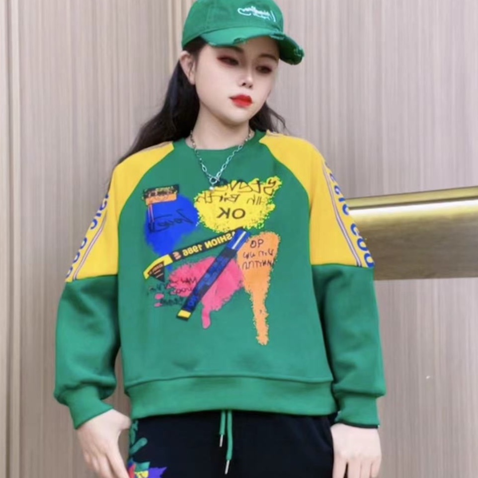 冬季时尚休闲圆领拼接印花ok字母加厚加绒长袖洋气奢华风格卫衣女