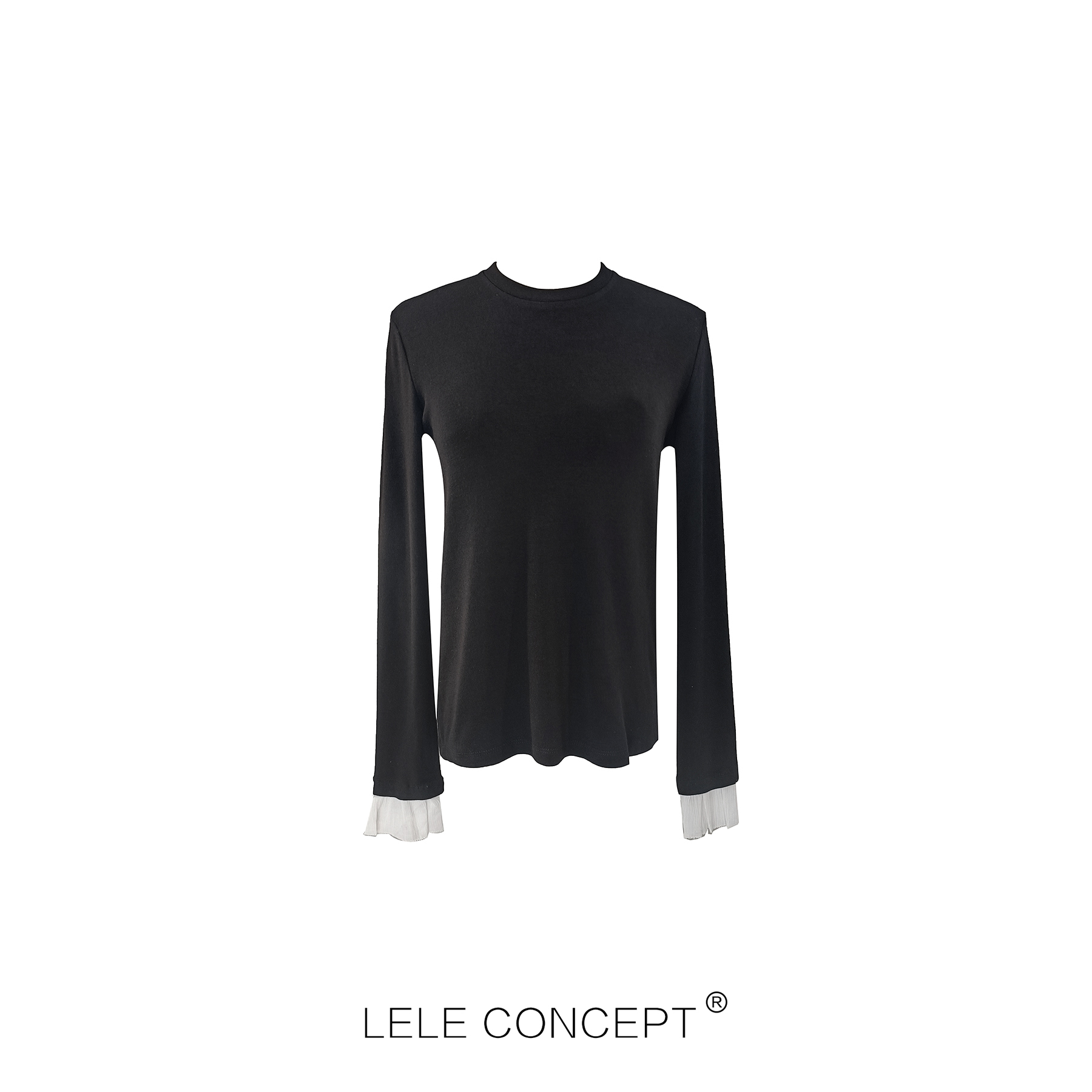 【LELE】设计师气质修身百搭时尚风圆领三色白边袖针织打底衫S0348