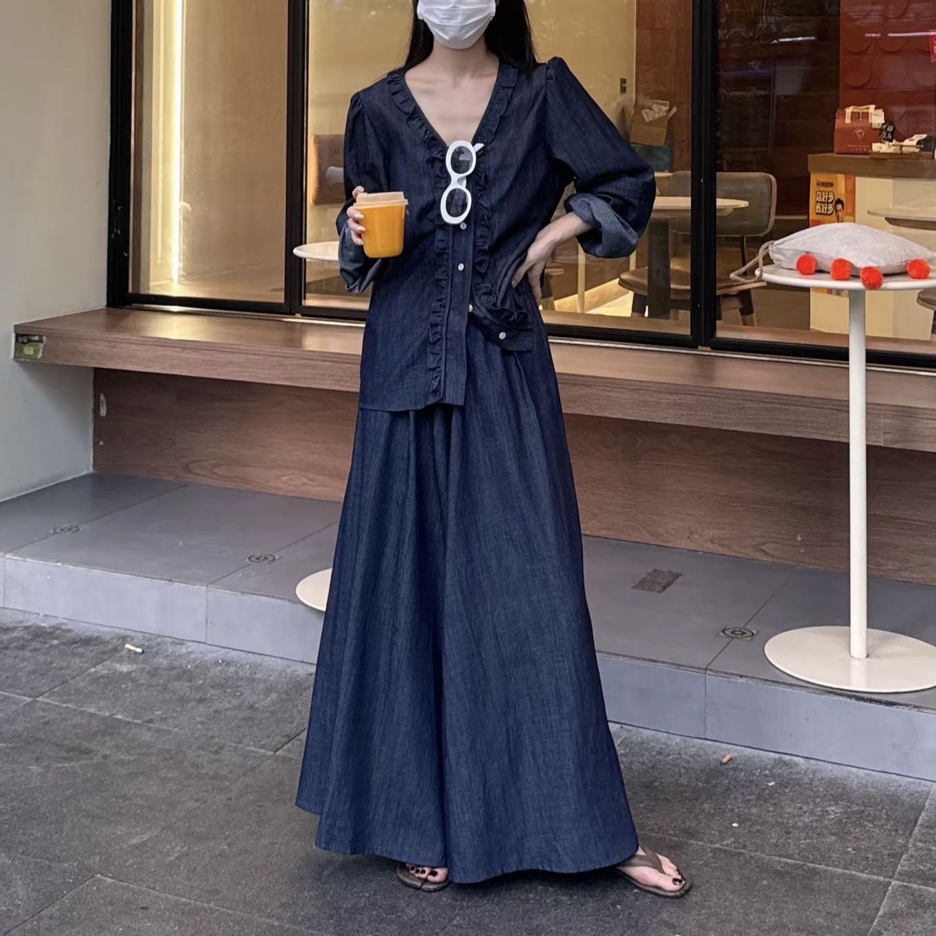 朝与暮～韩系V领花边单排扣牛仔衬衫➕松紧腰半身裙