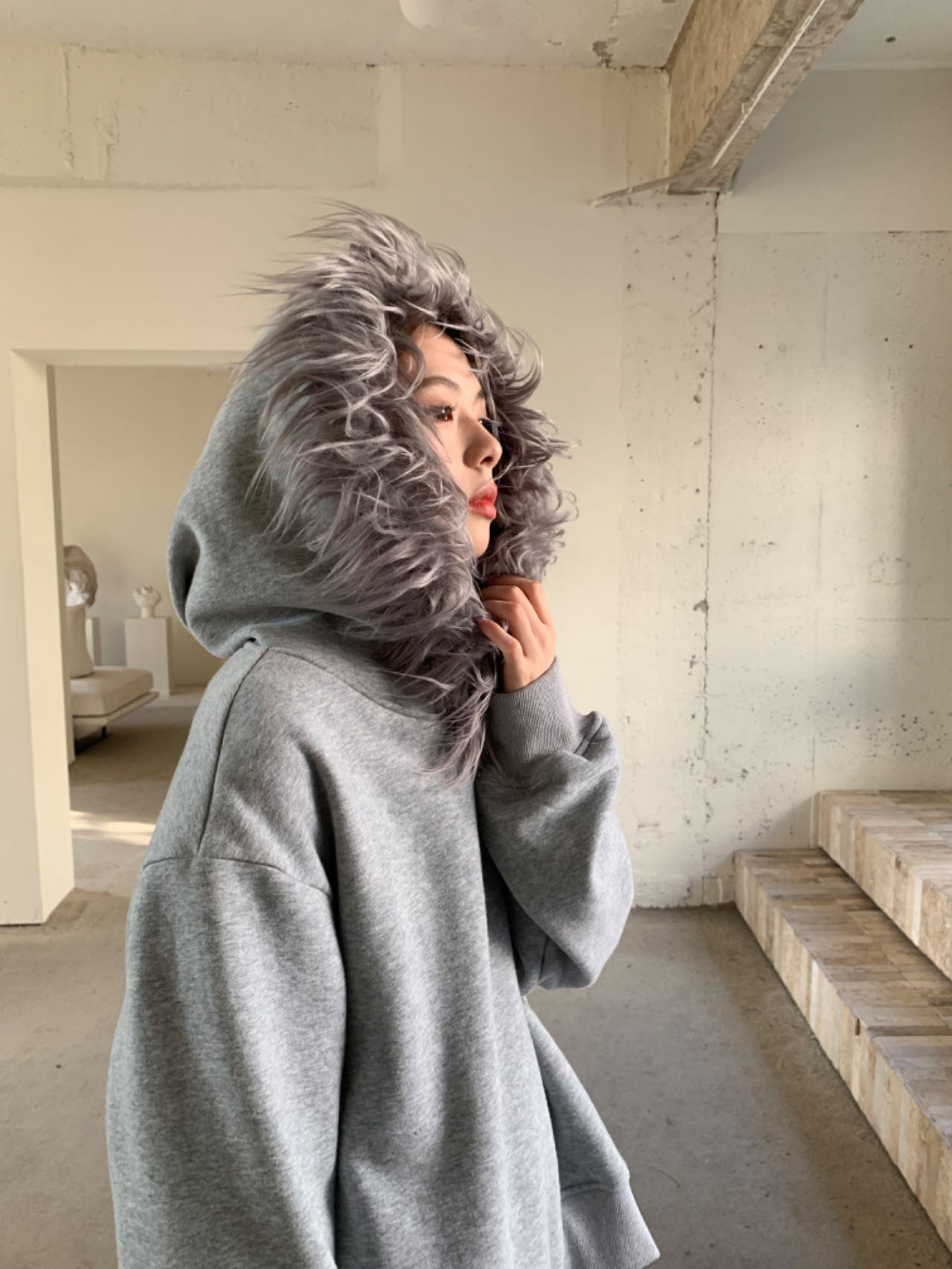 【福福!NO!NO!NO!】毛领连帽宽松美式加绒卫衣  6C509