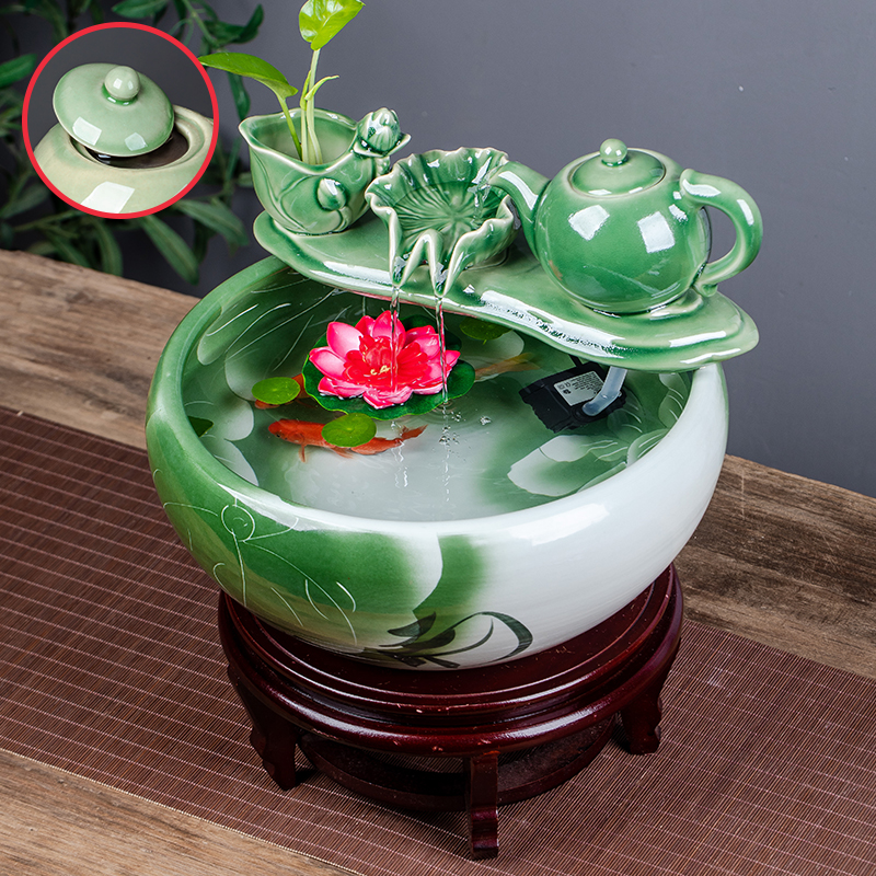 景德镇陶瓷鱼缸 循环流水金鱼缸乌龟缸加湿缸桌面缸 家用造景摆件