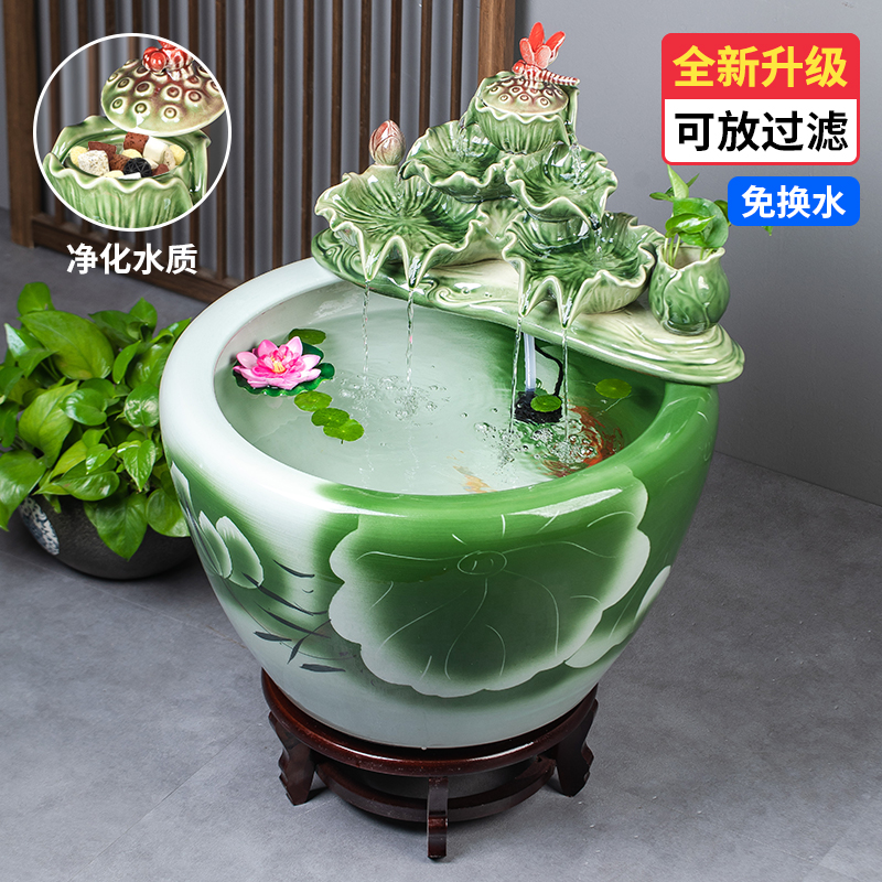景德镇陶瓷金鱼缸阳台办公室客厅落地家用循环流水摆件庭院大鱼缸