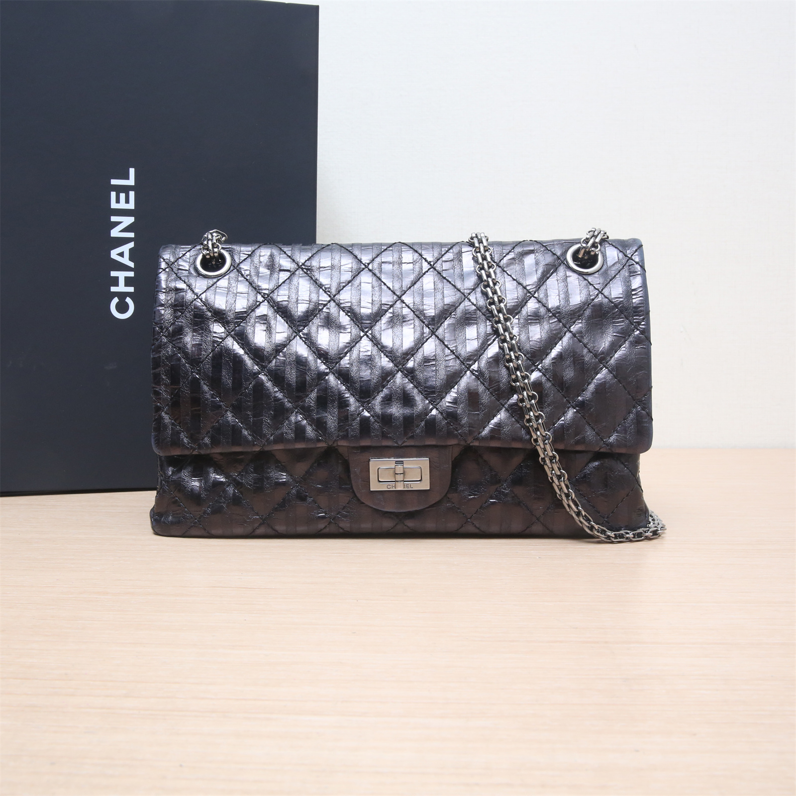 95新 Chanel/香奈儿 小花双双 663783 2.55口盖包 大号 黑色 12开