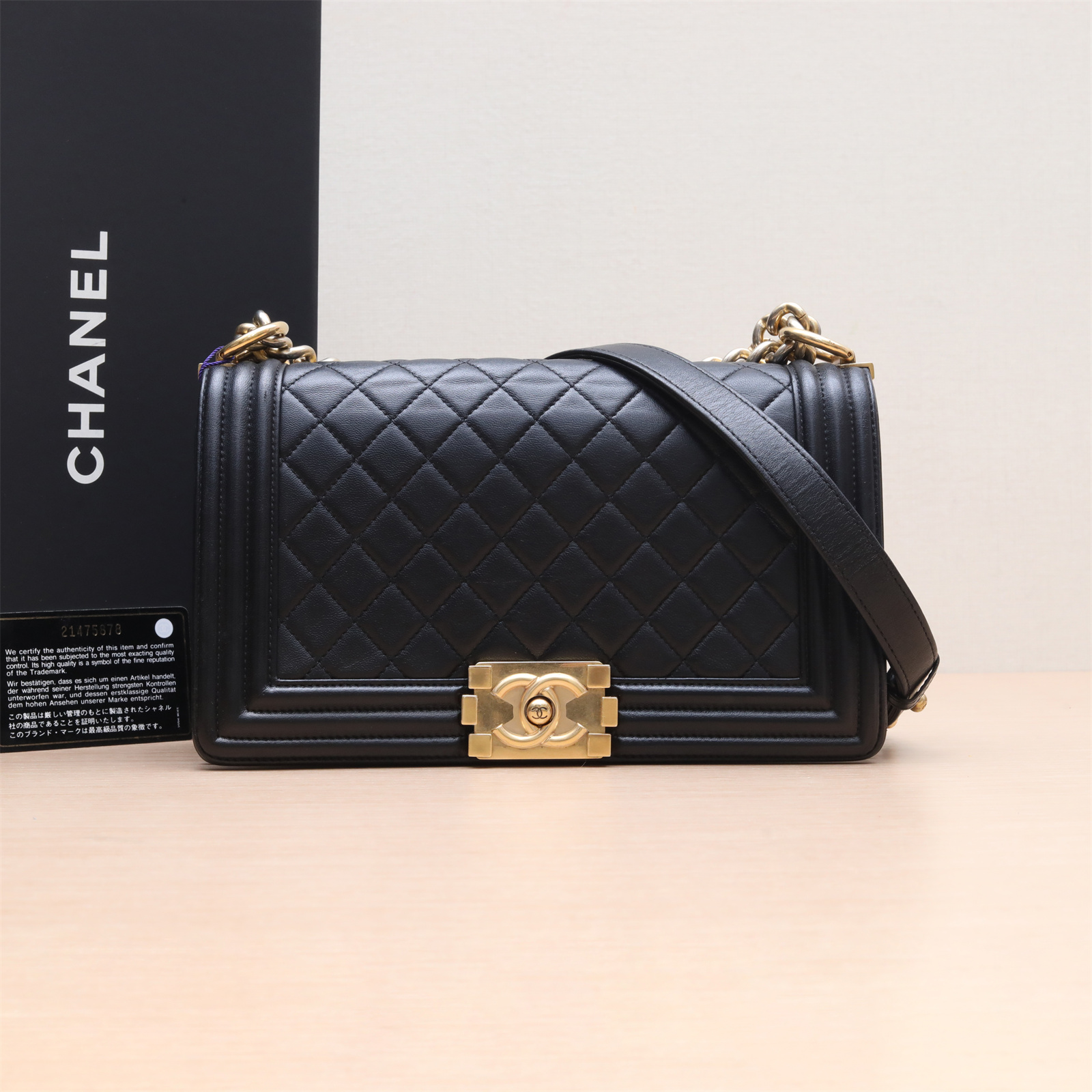 95新 Chanel/香奈儿 活动双双 Leboy 中号 黑色 皮革S 21开 金扣
