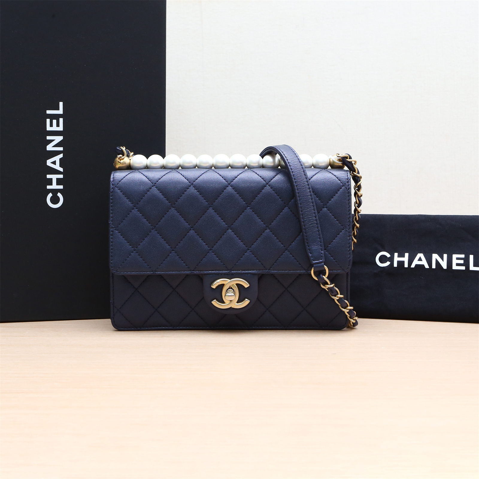 95新 Chanel/香奈儿 小花双双 930692 19SS CF 口盖包 蓝色 29开