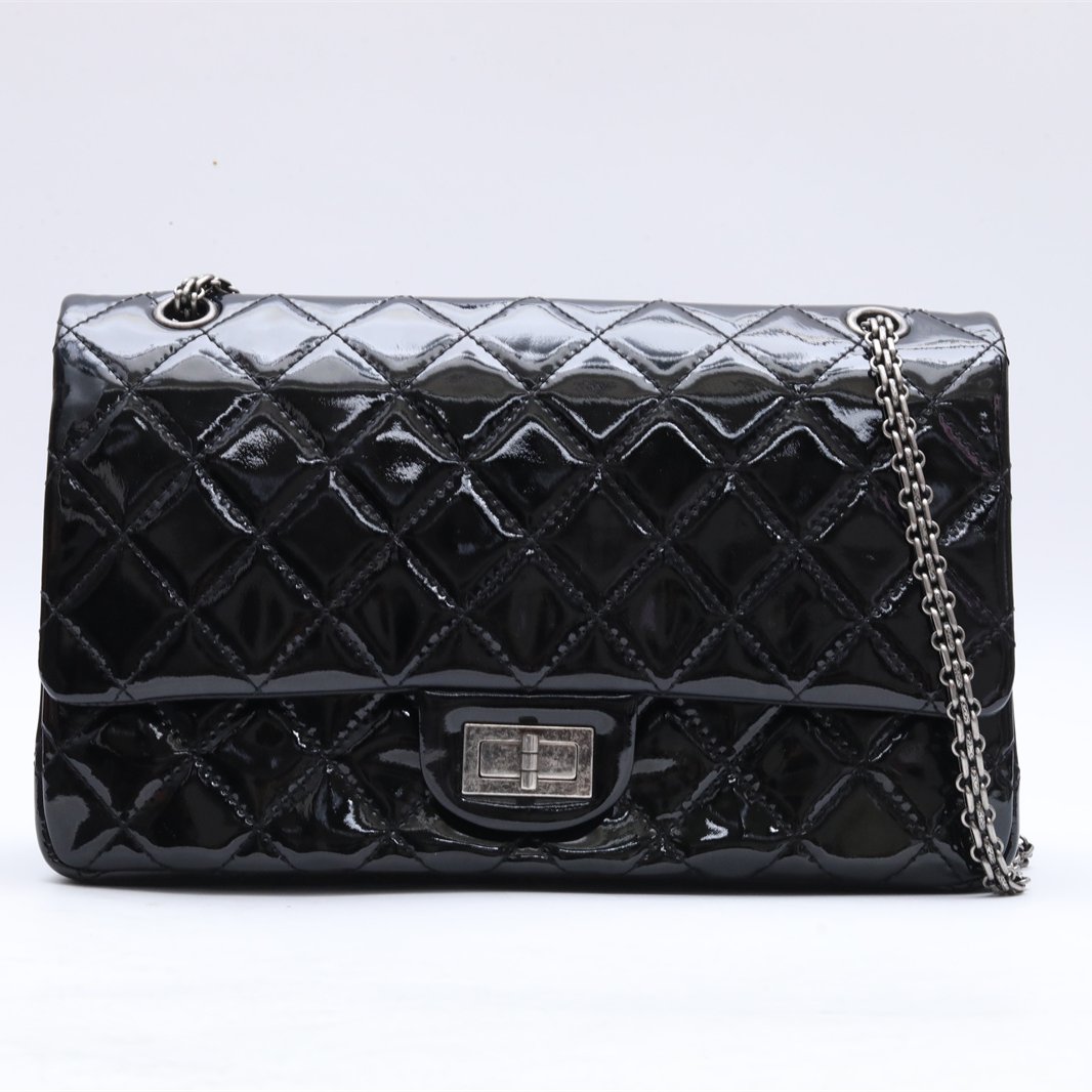 99新 Chanel/香奈儿 小花双双 726518 2.55大号 漆皮 15开 黑色包