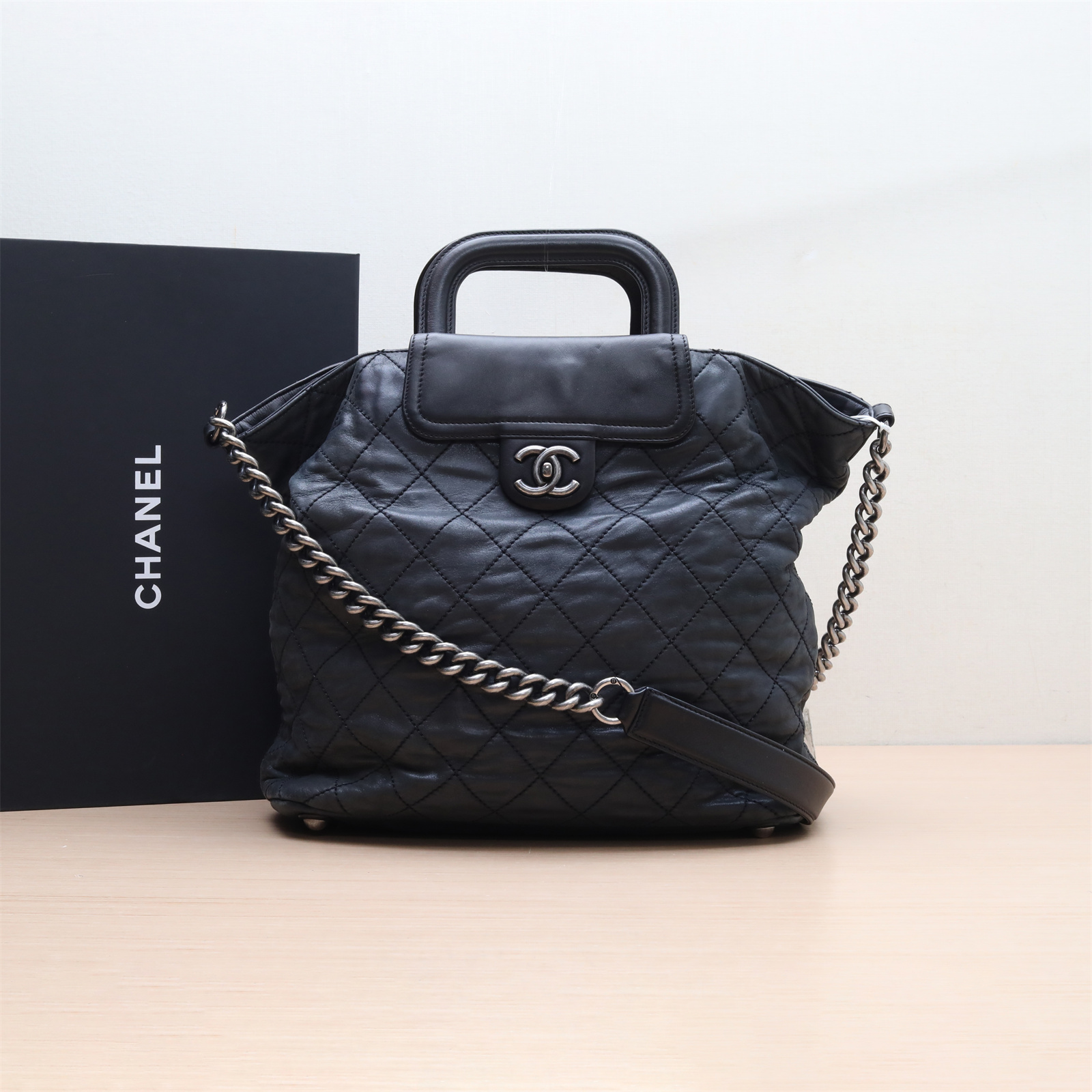 95新 Chanel/香奈儿 活动双双 双C 复古 机场包 托特包 黑色 15开