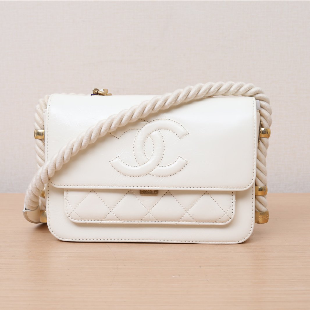 95新 Chanel/香奈儿 活动双双 麻绳双C 口盖包 白色 27开