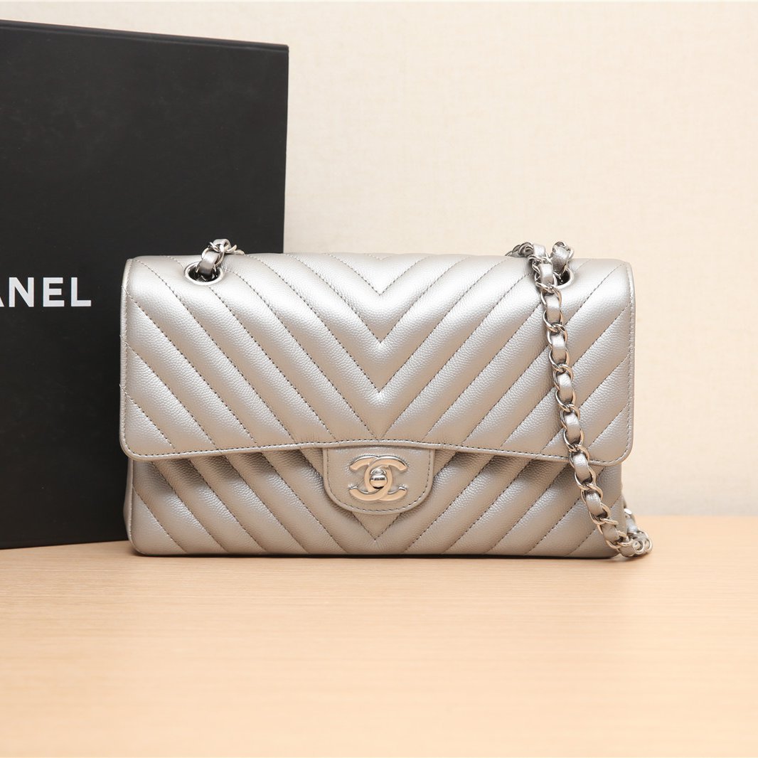 95新 Chanel/香奈儿  108248 CF 口盖包 中号 银色 22开