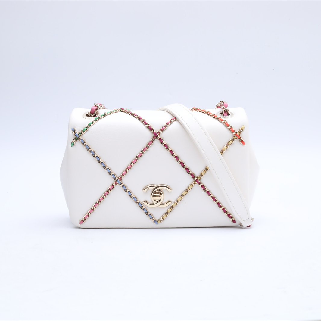 99新 Chanel/香奈儿 小花双双 725922 CF口盖链条包 白色 31开
