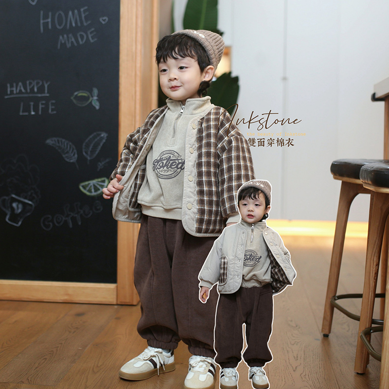 砚台家男女童两面穿棉服儿童秋冬短款外套幼童棉衣洋气夹棉格子潮