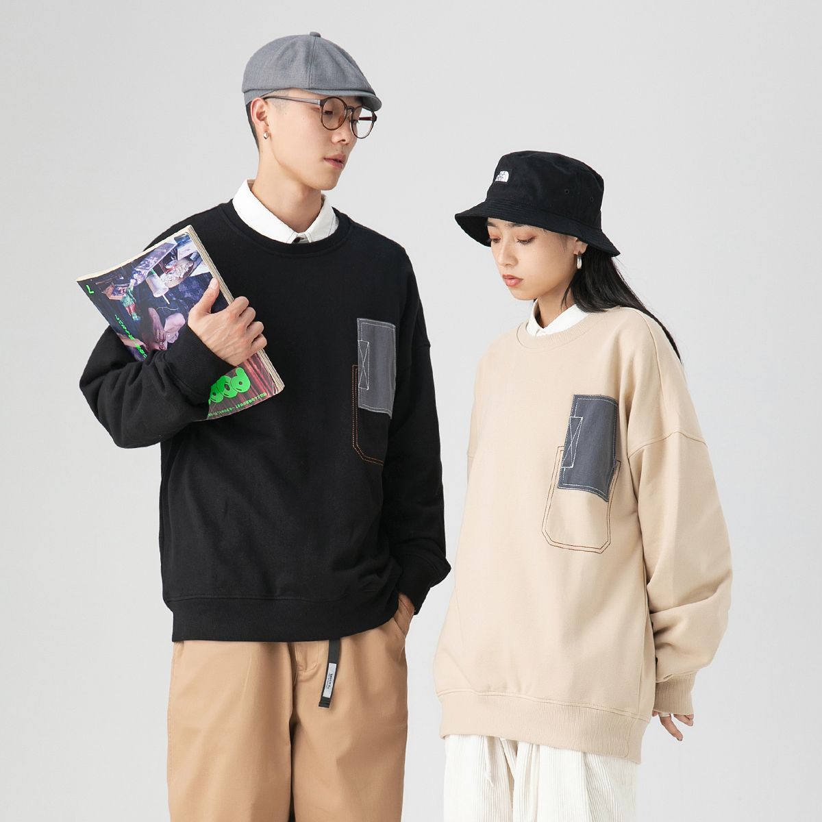 2119日系套头撞色春秋长袖立体口袋设计宽松百搭国潮圆领卫衣