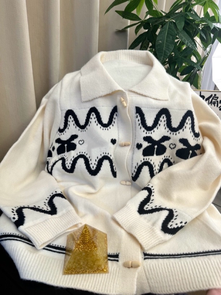 （限量樱桃/B弘）简约轻奢樱桃开衫针织慵懒风提花时尚网红翻领