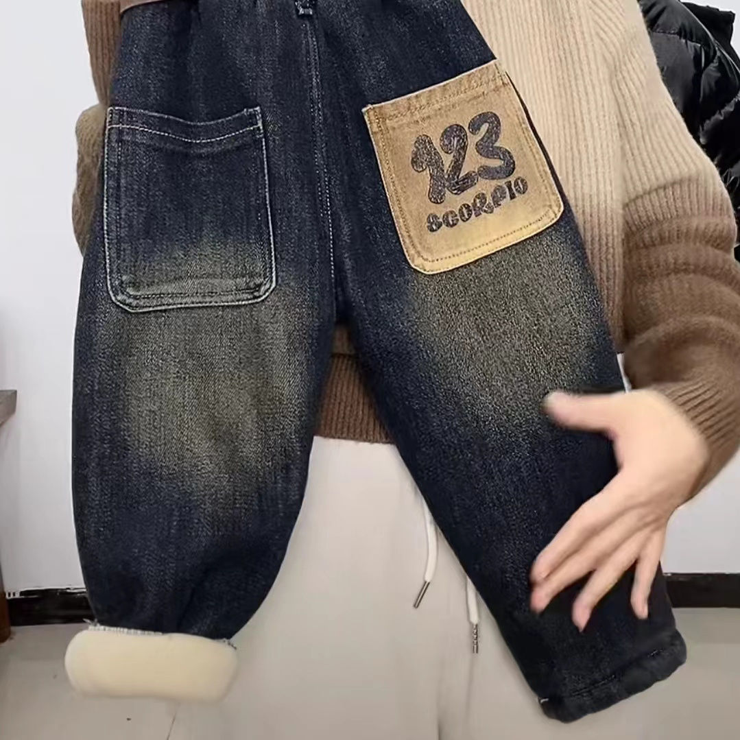 【清仓特价】男童夹棉加厚牛仔裤冬季2023新款宝宝冬装女童一条过