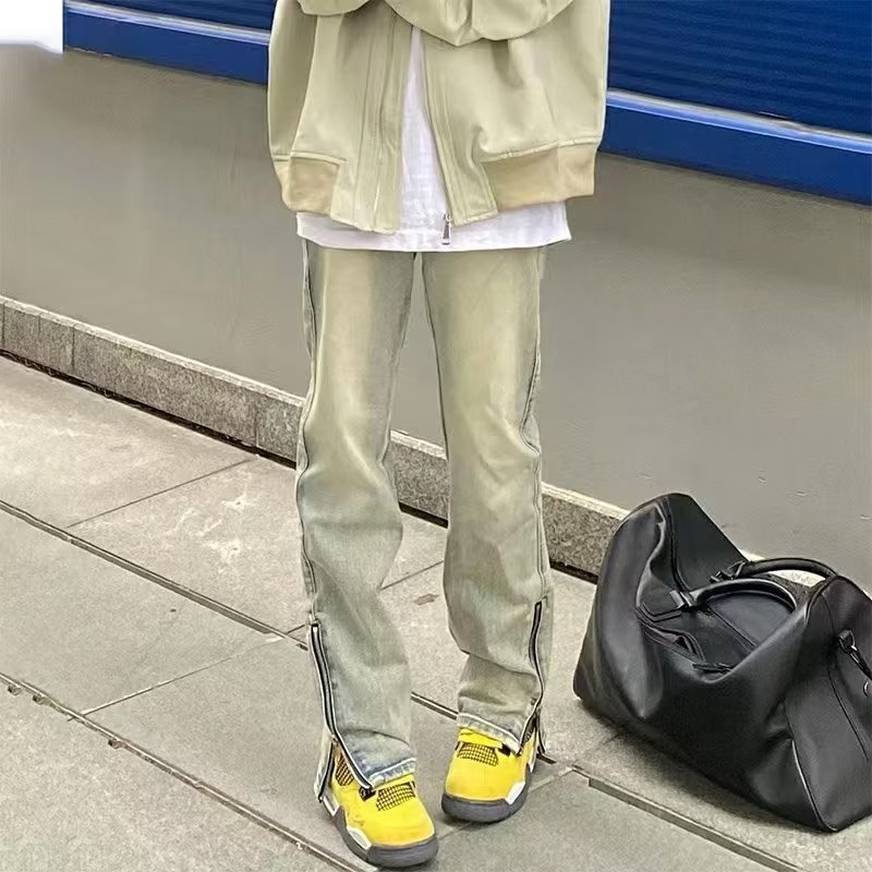 黄泥牛仔裤男拉链潮牌欧美微喇直筒水泥色夏秋季美式高街vibe裤子