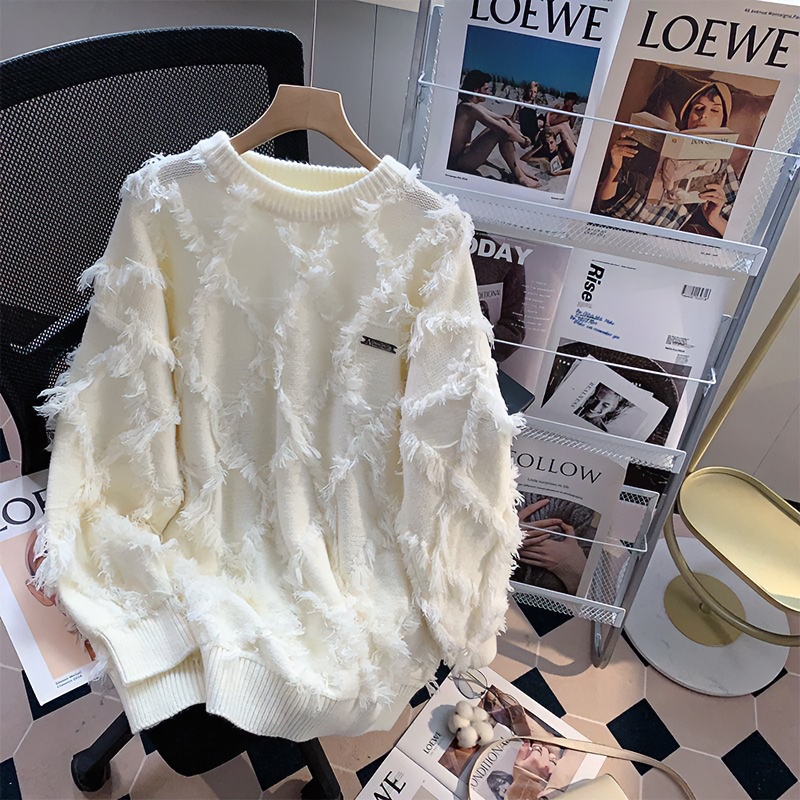 秋冬季白色美式复古流苏毛边针织衫毛衣男高街ina潮牌设计感小众