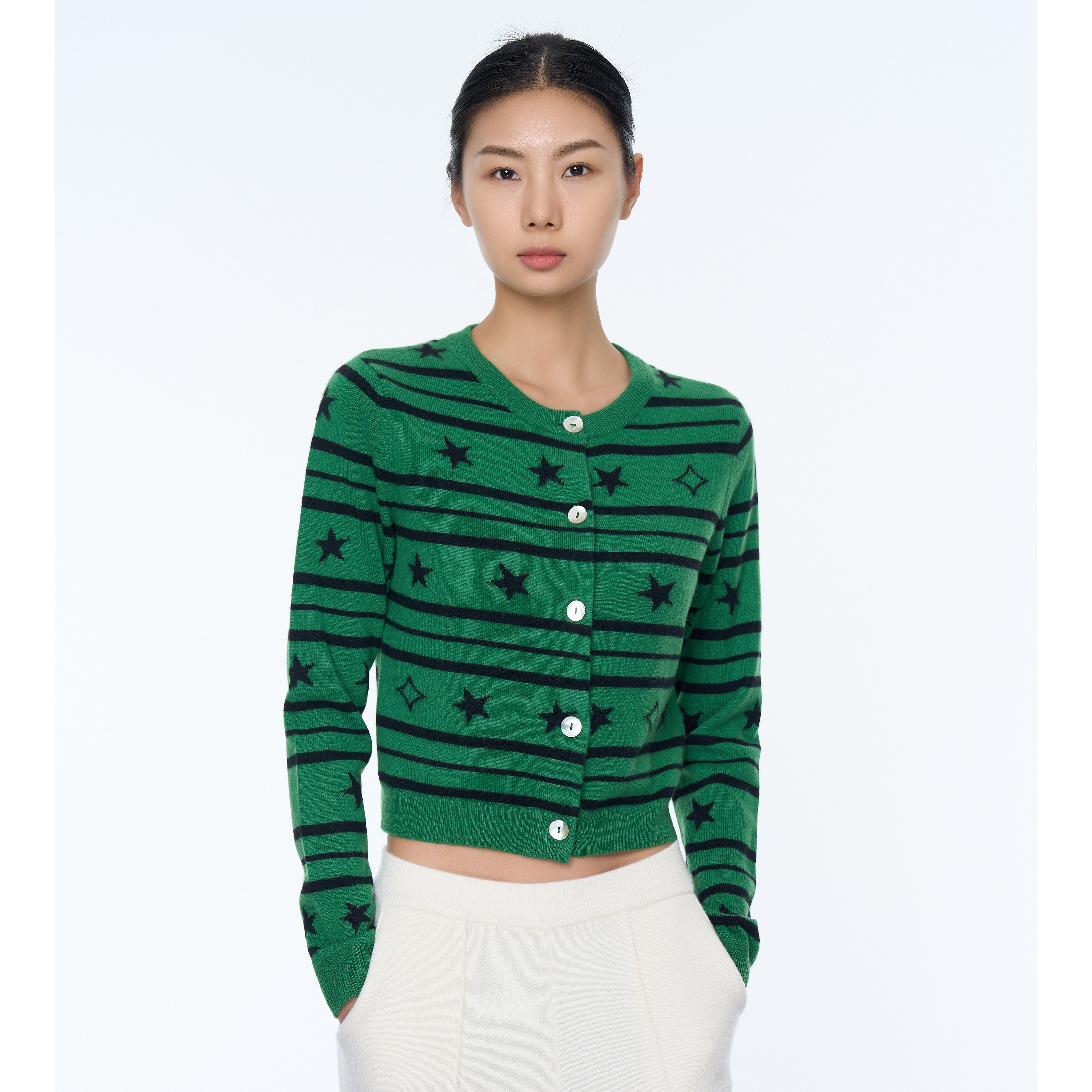 WANMU  | 女圆提星星配色条纹开衫撞色秋季BV绿潮牌时尚绿色短款