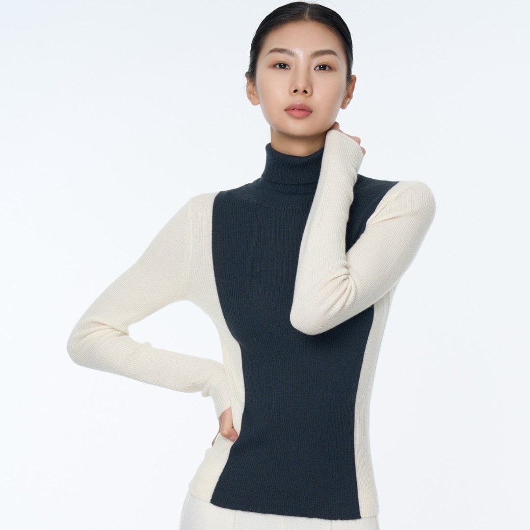 WANMU  |婉牧女式18gg高织贴身高领拼色显瘦纯羊绒衫打底修身薄款