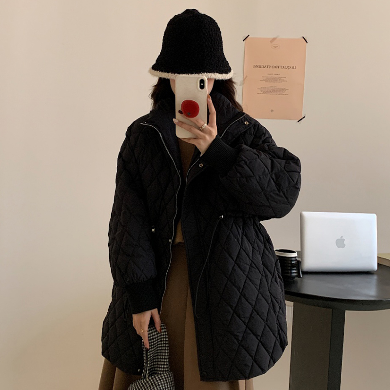 设计感抽绳大码收腰轻薄菱格外套女冬休闲宽松保暖中长款90羽绒服