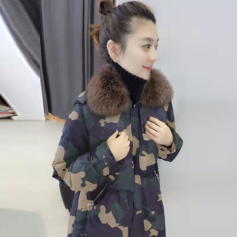 欧洲站冬季女装2023新款欧货潮中长款外套迷彩休闲宽松加厚羽绒服