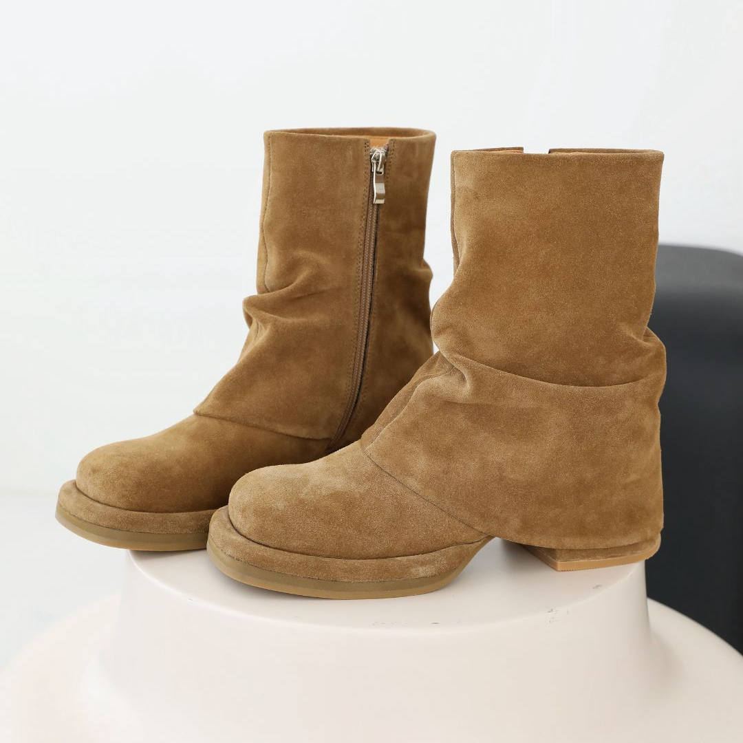 时髦显瘦堆堆中筒靴方头厚底牛皮侧拉链短靴女秋季