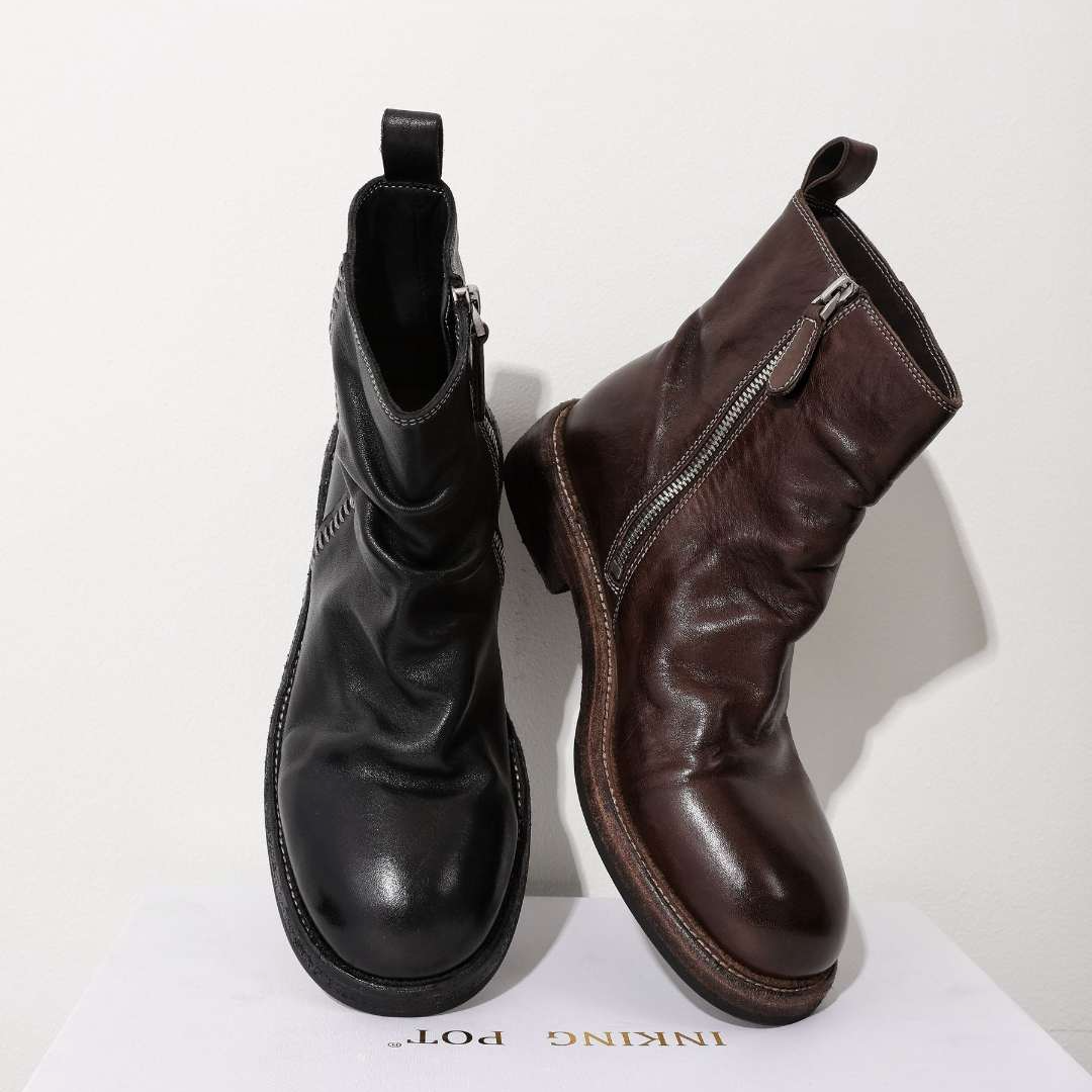  重工水洗马皮皱皱短靴女圆头厚底侧拉链马丁靴秋冬