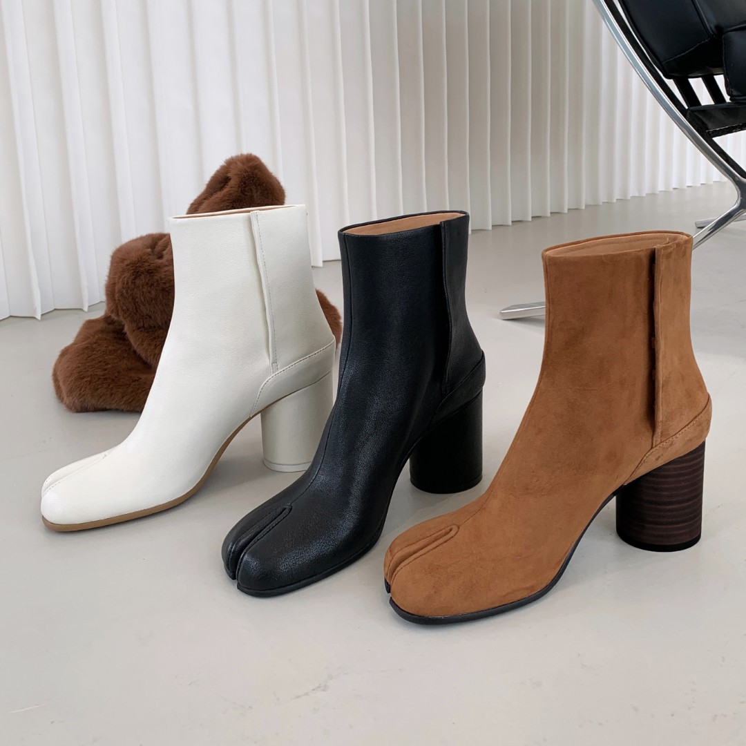 真皮分趾猪蹄短靴女一脚蹬高跟复古切尔西靴子常青