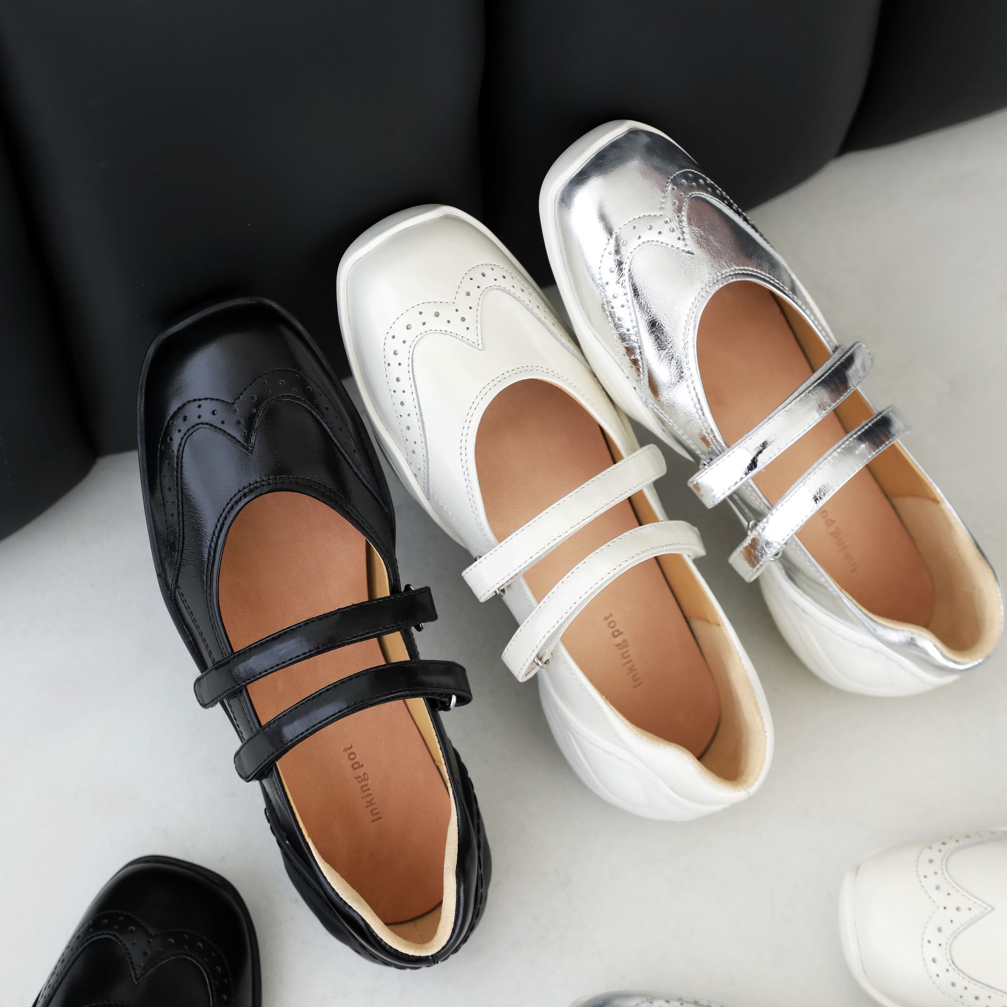 百搭时尚时髦运动玛丽珍鞋双带轻松休闲鞋平底方头真皮单鞋