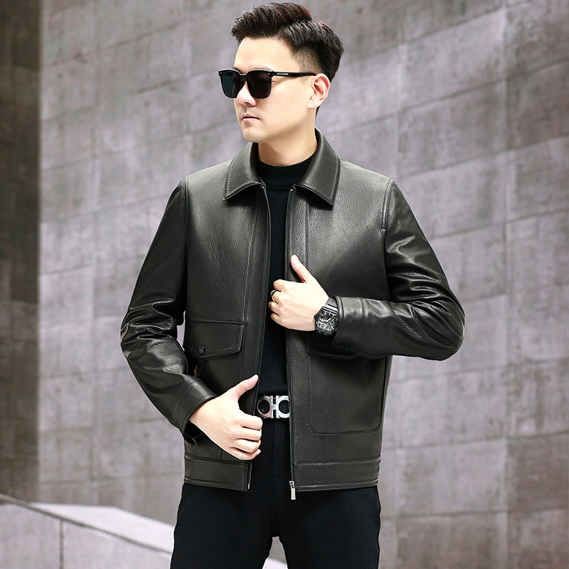 海宁新款男士春秋休闲真皮商务翻领口袋头层山羊皮 28019