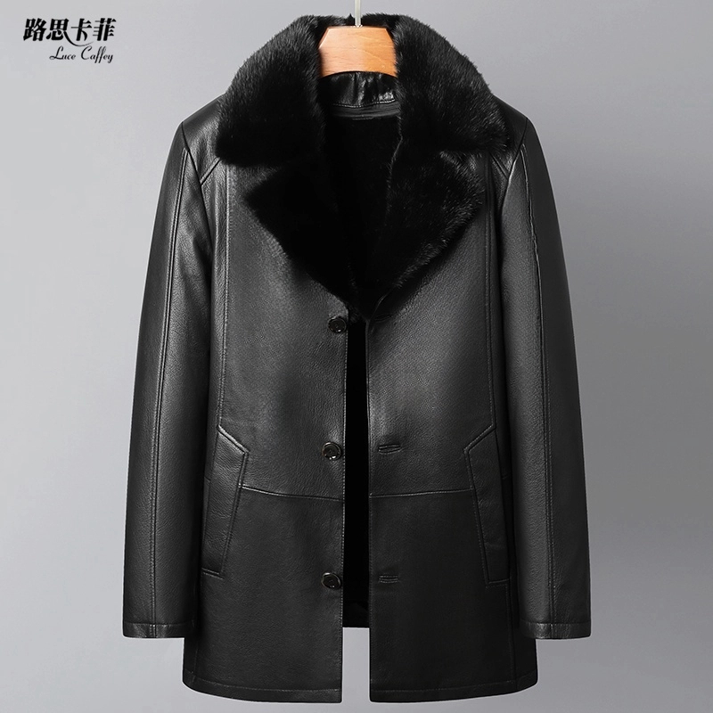 海宁中长款头层山羊皮可脱卸水貂毛领羊毛内胆男士皮夹克外套2306