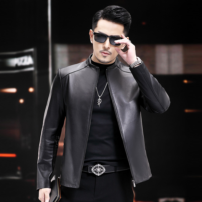 【路思卡菲】男士立领真牛皮皮衣夹克海宁春秋新款商务外套 20018-1