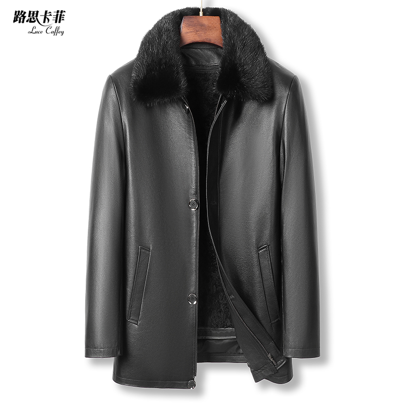 海宁新款可拆卸水貂毛领湖羊皮内胆头层牛皮真皮皮衣外套男 5206
