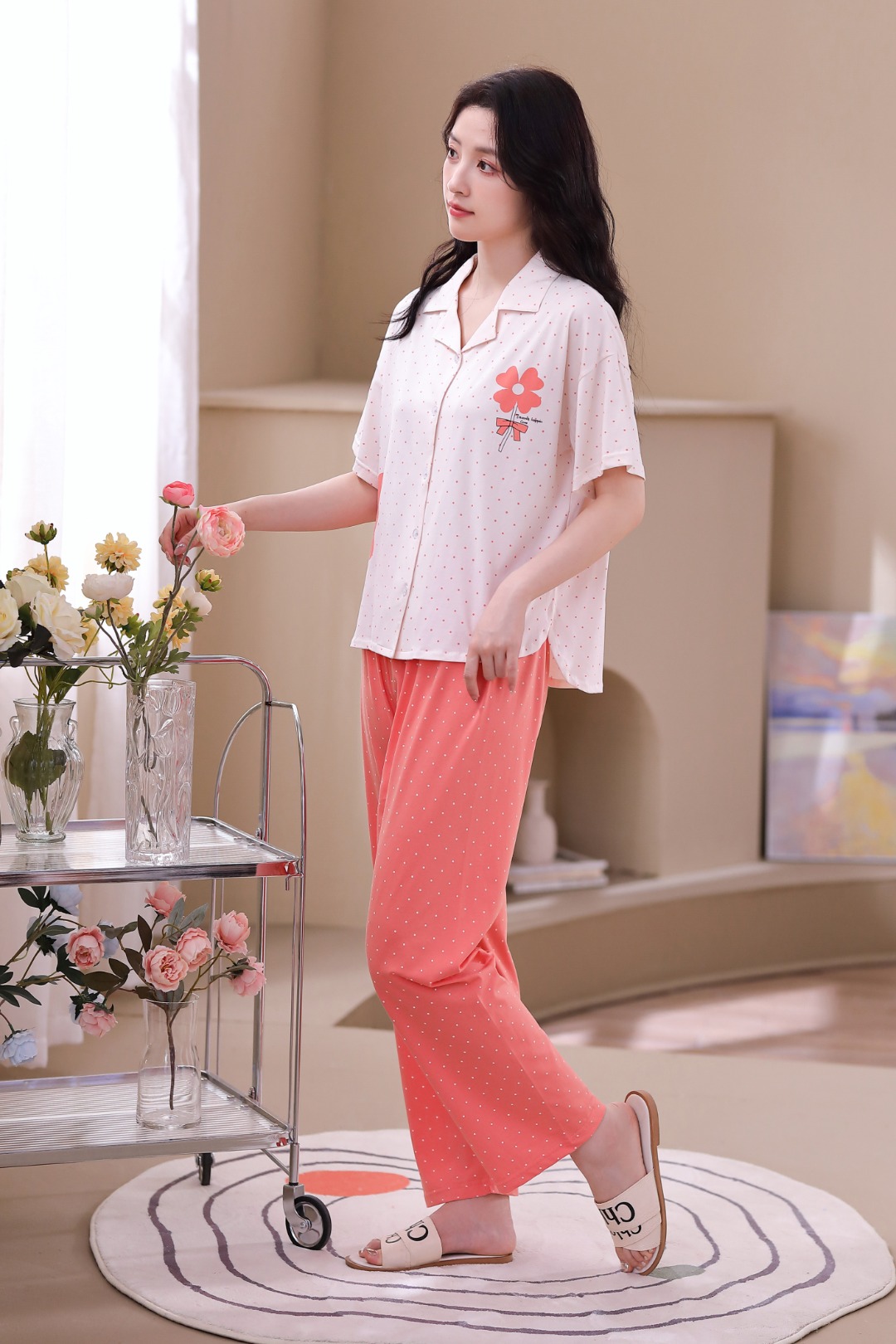 睡衣女2023夏季新款欣优梦抗菌棉短袖长裤两件套休闲舒适家居服